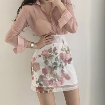 

Women Summer 2 Piece Set Sexy Transparent Long Sleeve Pink Chiffon Shirt Top + High Waist Floral Print A Line Skirts Sets