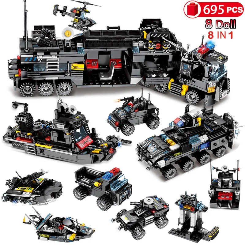 

695pcs 8 IN 1 City Police Station Truck Car Building Blocks Compatible Legoinglys City SWAT Team Bricks Toys for Boys Children