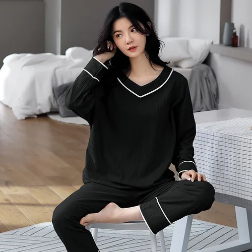 M-5XL 캐주얼 플러스 사이즈 풀코튼 잠옷, 여성 용수철 가을 잠옷 세트, 긴 소매 루즈한 V넥 잠옷 세트 2