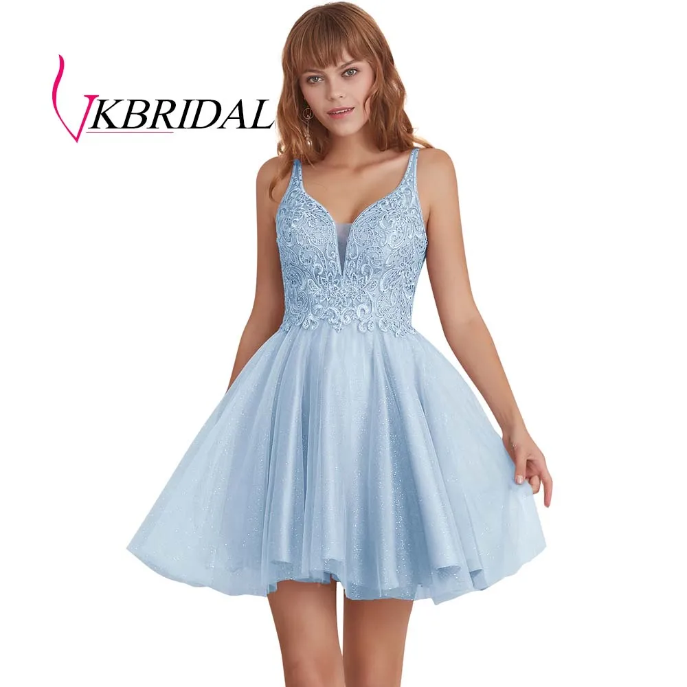 sky blue VKBRIDAL, сексуальные короткие платья для выпускного вечера с открытой спиной,, тюль, аппликация, кружево, бисер, милое платье для выпускного вечера, vestido de formatura - Цвет: sky blue