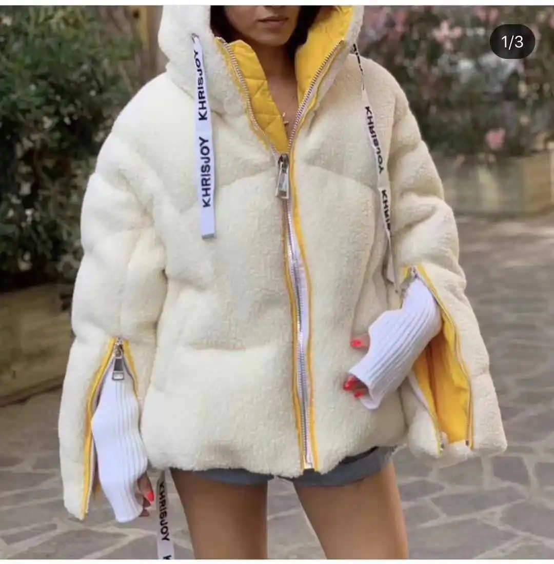 

Lambhair Hooded Thickened Coat New Autumn and Winter 2019 Cuffs Zipper Loose Color Contrast Bakery Women Winter Coats Jackets