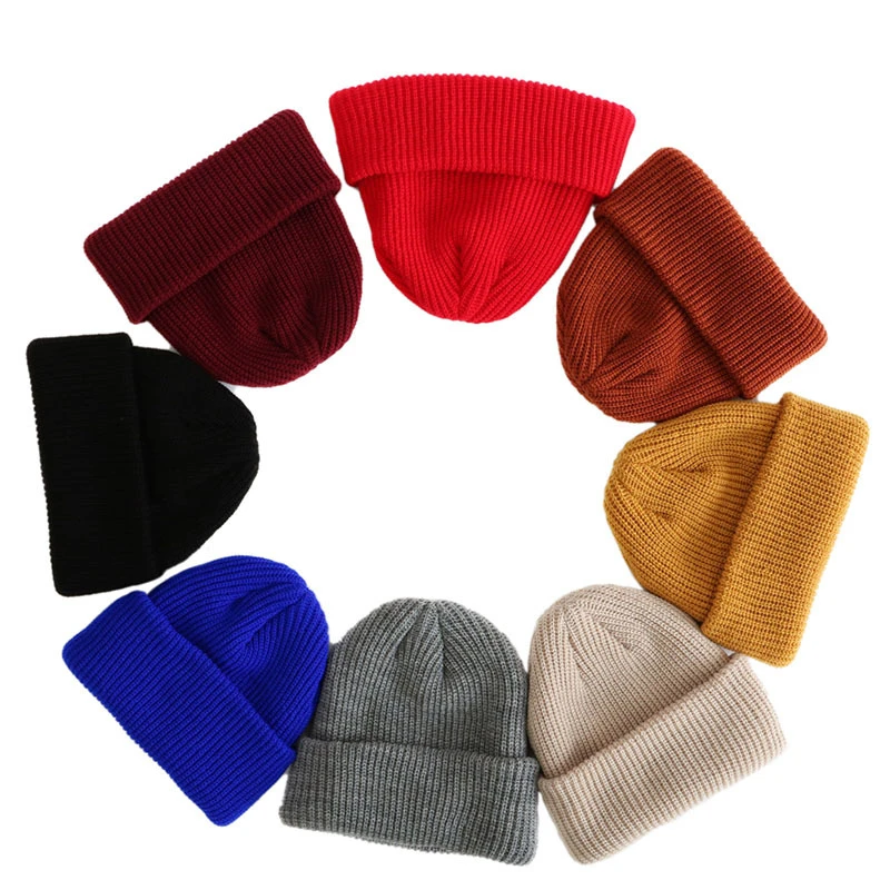 

Unisex Winter Ribbed Knitted Cuffed Short Melon Cap Solid Color Skullcap Baggy Retro Ski Fisherman Docker Beanie Hat Slouchy