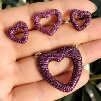 

Luxury Heart Shape Jewelry Sets Multicolor Zirconia Stud Earrings Pendant Necklaces Adjustable ring Women CZ Bridal Wedding Sets