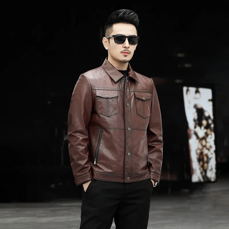 men's winter genuine leather coats & jackets New Genuine Leather Cowhide Jackets Mens Spring Short Slim Turn-Down Collar Biker Outerwear Single Breasted Punk Casual Coat sheepskin coats for sale