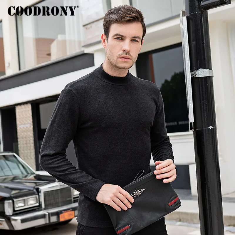 Tanie COODRONY marka koszulka z długim rękawem mężczyźni dzianina bawełniana koszulka Homme długa koszula moda stójka w stylu casual T shirt C5006