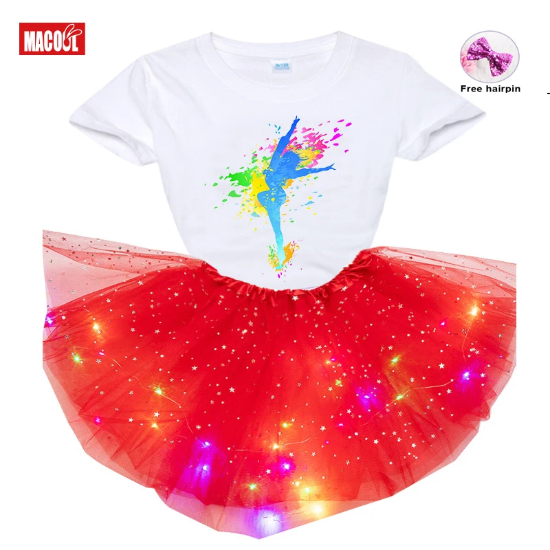

Girls Dress Sets Fashion Ballet Girl Dress Girls Short Sleeve T-shirt+Luminous Skirt+hairpin 3pc Set Girls Dress Ballet Dresses