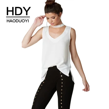 

HDY Haoduoyi OL Lady Solid White Vest Women Fashion Hollow Out Back Sleeveless Halter Elegant Split Side Female Shein T Shirt