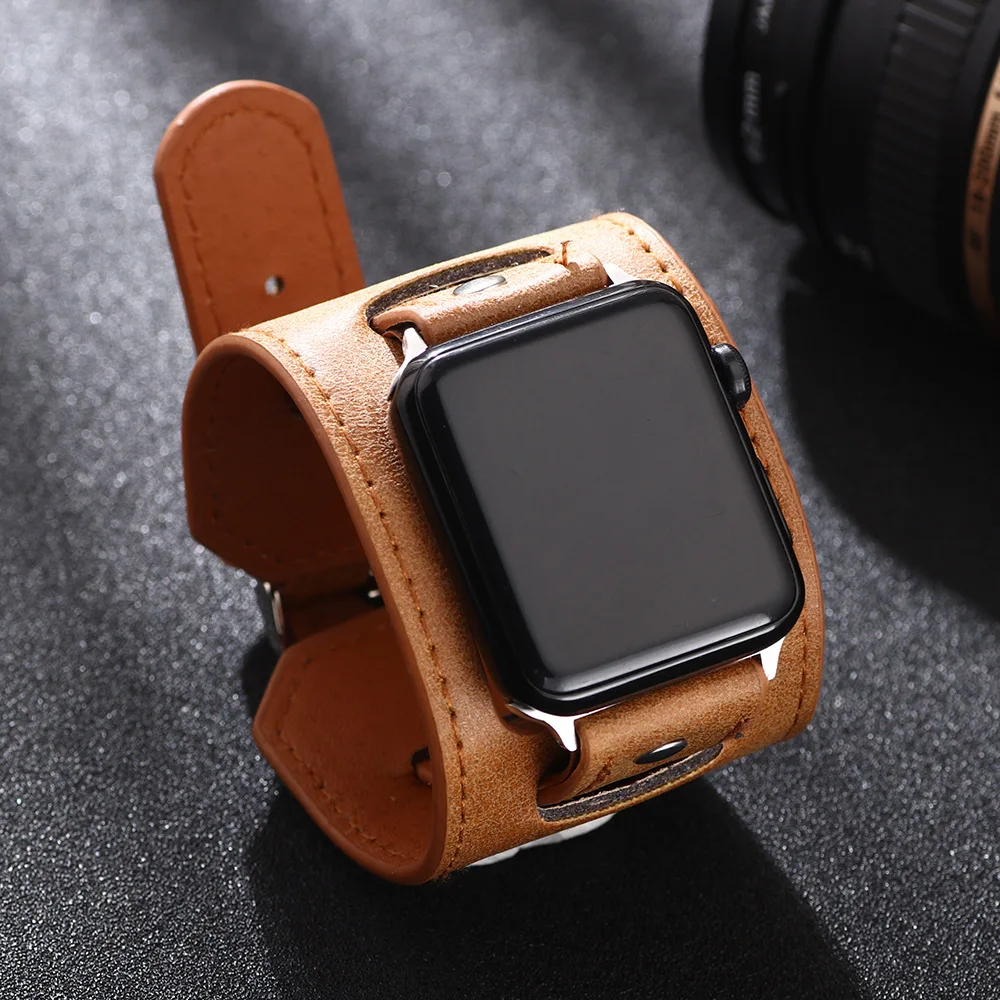 Leather Wide Bracelet Apple Watch | Smart Watch - Leather Watch - Aliexpress