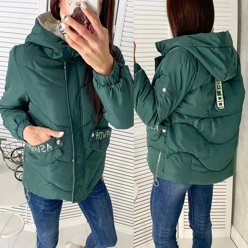 

FORERUN Hooded Winter Jacket Women Fashion Letter Printed Solid Female Down Jacket Plus Size Parkas Mujer 2019