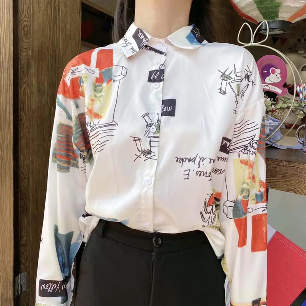 Female Blouse Long Sleeve Letters Print Scrawling Single-breasted Loose Shirt Women Tops and Blouses 1