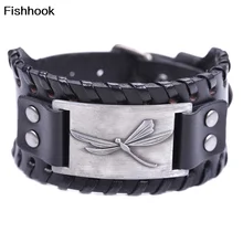 Fishhook New Punk Rock Leather Black Antique Bracelet Dragonfly Adjustable Handmade Bracelets Accessory For Gifts