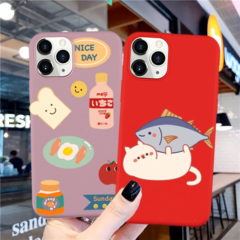 GYKZ Cartoon Cat Fish Phone Cases For iPhone 11 Pro XS MAX SE 2020 XR X 7 8 6 Plus Animal Pattern Soft Silicone Cover Food Coque | Мобильные