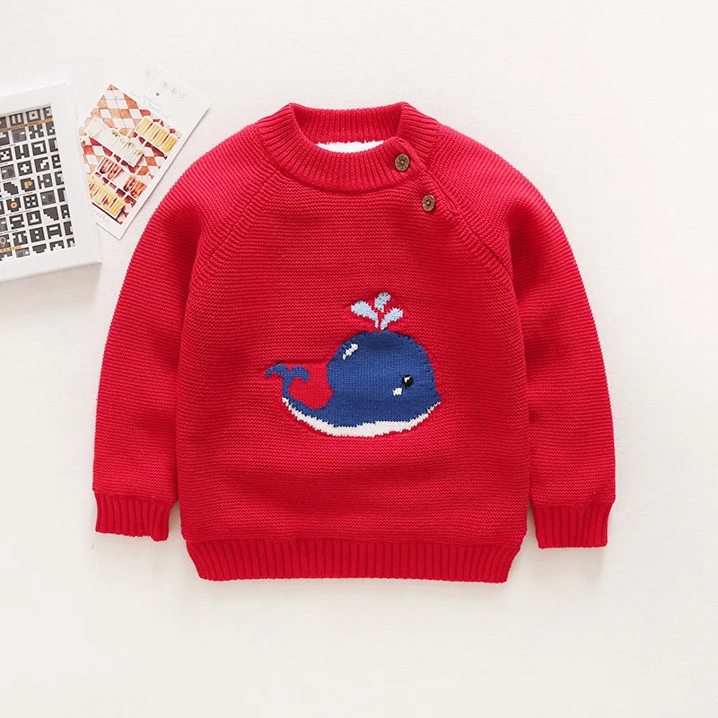 Red Whale Baby Warm Sweaters Baby Boys Girls Plus Velvet Thick Tops Infant Cartoon Whale Pattern Pullovers Toddler O-neck Knitting Sweater - Цвет: Red Whale