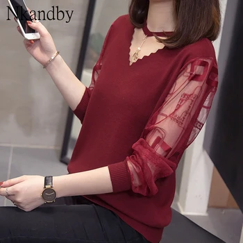

Plus Size V neck Pullover Sweaters Women Lace Patchwork Jumpers Autumn Winter Oversized Fashion Office Ladies Knit Tops Knitwear