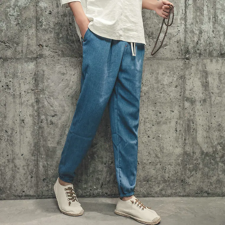 Denim Blue Красивые хлопковые льняные шаровары в китайском стиле, мужские спортивные штаны, мужские повседневные Летние однотонные штаны, спортивные штаны, Pantalon Homme - Цвет: Denim Blue