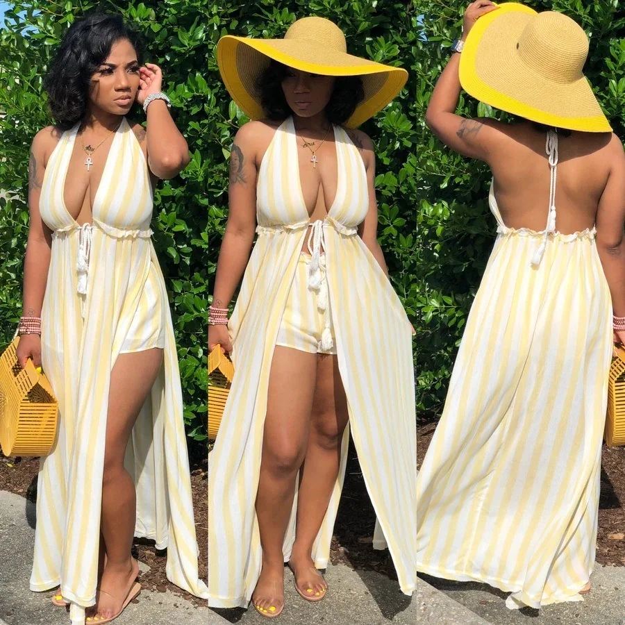 

New Women Halter Neck Long Stripe Print Crop Top Shorts Suit Two Piece Set Fashion Club Party Night Tracksuit Outfit 2019