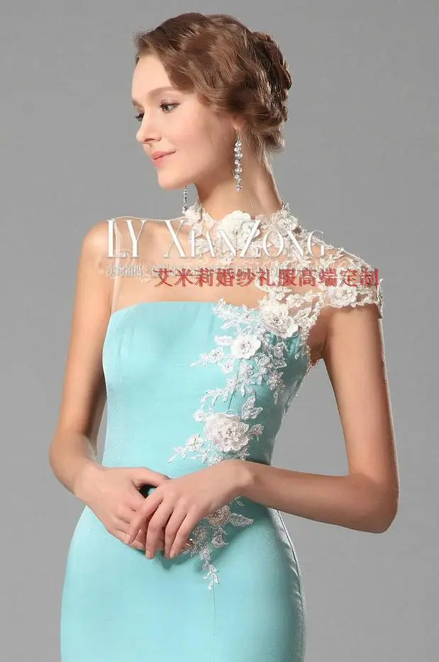 Robe de soiree с высокой горловиной кепки с длинным рукавом Русалка Соблазнительная официальная обувь вечерние платье на выпускной Аппликации Элегантные свадебные нарядные платья