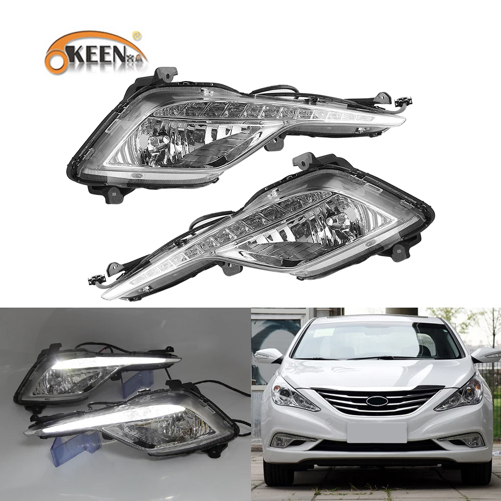 

OKEEN 2x автомобильные светодиодный, дневные ходовые светильник для Hyundai Sonata 8th 2013 2014 2015 2016 водонепроницаемые дневные светильник, белые DRL передние противотуманные фары