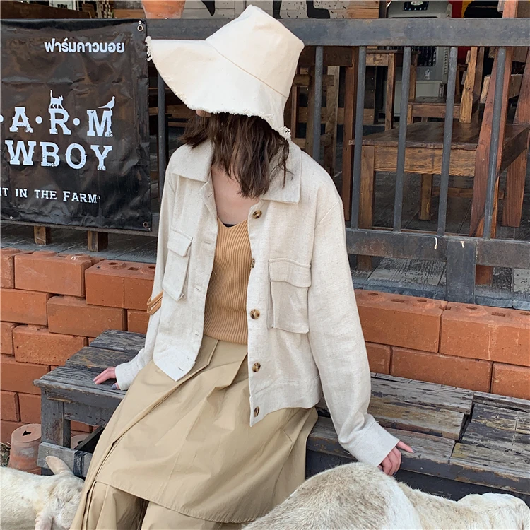 Ранняя весна маленький костюм льняной Ретро свободный крой укороченный жакет женский маленький отложной воротник шикарный корейский стиль Тонкий костюм