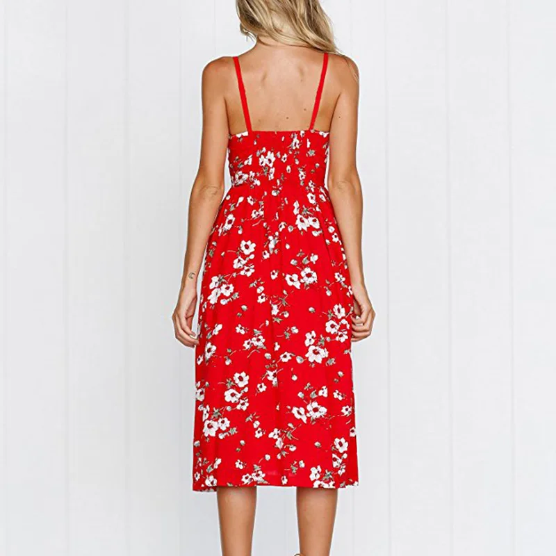 2018 New LOSSKY Women Print Floral Stripe Bohemian Dress V-Neck Sleevele Sexy Button Beach Casual Boho Midi Dress Plus Size 3XL