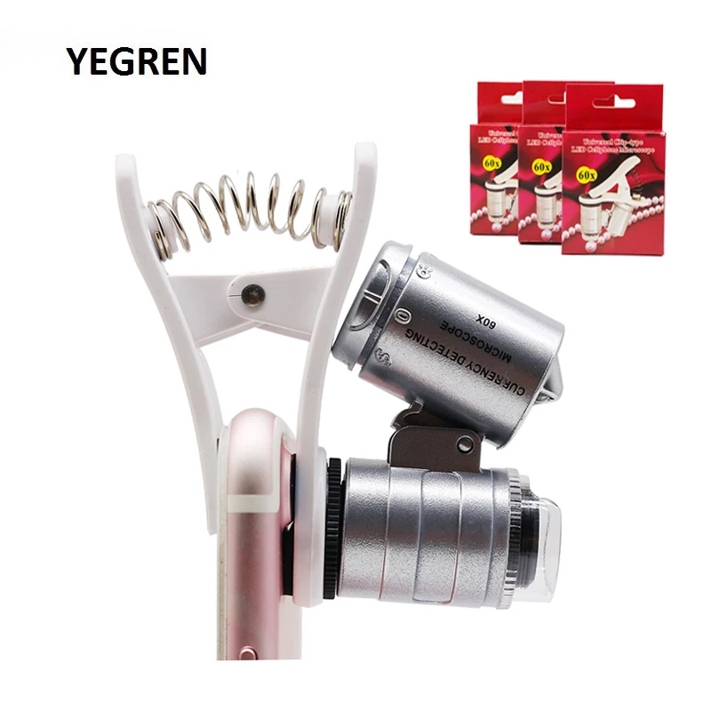 

20 pieces/lots Universal Clip Smart Phone Microscope 60X Illuminated Magnifying Glass Digital Microscope LED Light UV Light