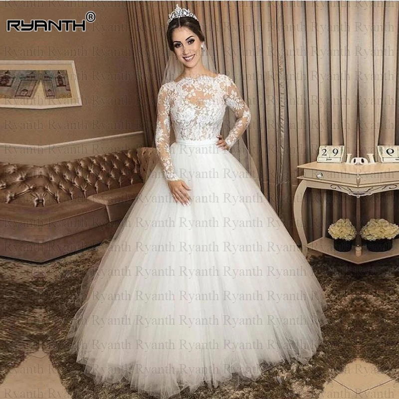 Robe de mariage Сексуальные Длинные рукава Кружева бальное платье свадебное платье Принцесса Чистая Иллюзия Vestido de noiva изготовление на заказ