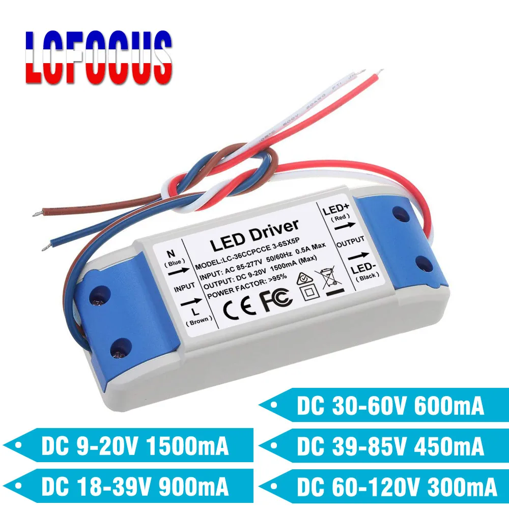 Светодиодный трансформатор постоянного тока 300mA 450mA 600mA 900mA 1500mA 20 24 30 36 50 Вт