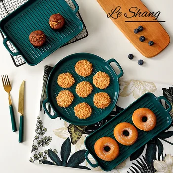 

1PCS Binaural Baking Dish Pizza Round Dish Plate Creative Oven Ceramic Plate Western Kitchen Tableware Microwave Oven Flat Plate