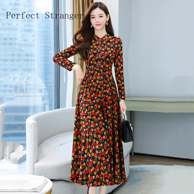 2021 Autumn New Arrival Hot Sale Stand Collar Flower Printed Long Sleeve Knitting Cotton A-LINE Mid-Calf Long Dress