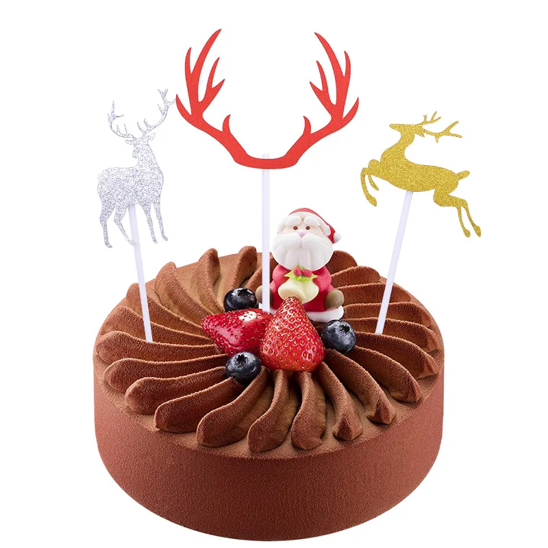10pcs Merry Christmas Cake Topper Cute Elk Christmas Tree Snowman Paper Cupcake Toppers DIY Happy New Year Xmas Party Cake Decor
