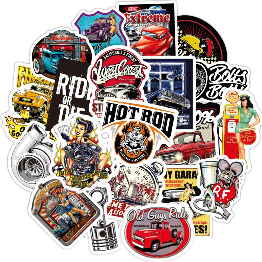 50pcs Hotrod Vintage Car Stickers For Laptop Notebook SiutCase Scrapbooking Material Christmas Sticker Craft Supplies
