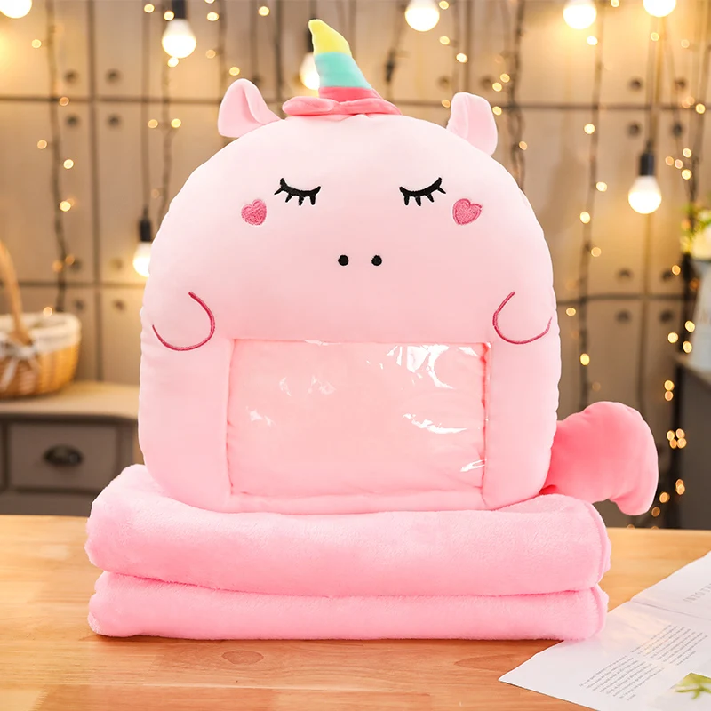 Розовый Kawaii плюшевая подушка с фланелевым одеялом мягкий динозавр, игрушка в виде животного прозрачная пленка Подушка кактус Единорог Хаски грелка для рук - Цвет: Розовый