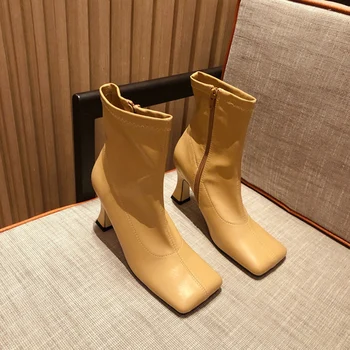 

2020 Women Soft Leather Sock Boots Square Toe Beige Yellow 6cm High Heels Ankle Boots Elastic Chelsea Boots Shoes Botas Mujer