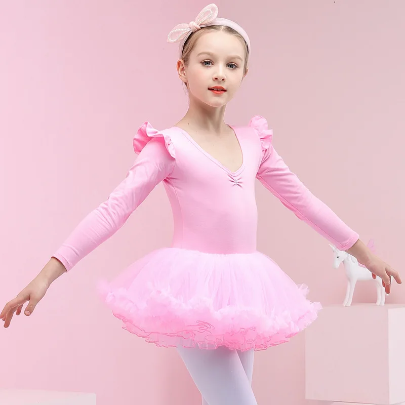 Girls Ballet Dress Gymnastics Leotard Long Sleeve Kids Child Pink Ballet Clothing Dance Wear With Chiffon Skirts For Girls