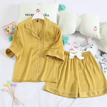 

Smmoloa Summer Women Short Silk Pajama Sets Satin Pyjamas Sexy Sleepwear Two Piece Set