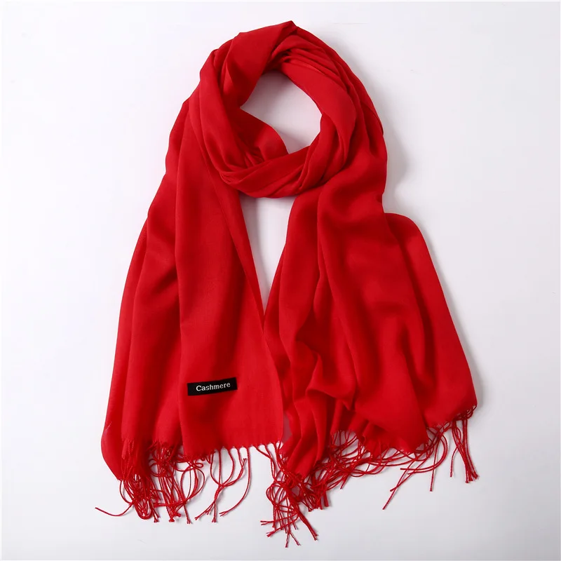 Модный кашемировый хиджаб шарф для женщин зимние однотонные шали и обертывания осенние шарфы из пашмины женские головные шарфы для женщин - Цвет: Красный
