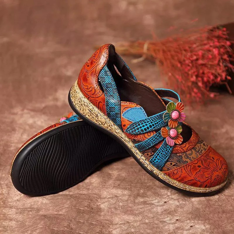 Women Vintage Summer Leather Colorblock Flat Shoes main image 1