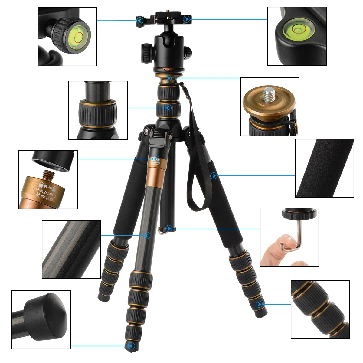Tripod Monopod Ball Head Carbon Fiber Professional Portable Travel Lightweight for DSLR Digital Camera Stand Q666C 15kg Max Load