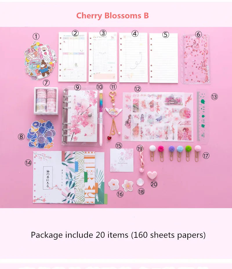 Sharkbang Kawaii Bling Bling Flores de Cerejeira a6 Folha Solta Diário Caderno Conjunto Diário Nota Agenda Agenda Bullet Planner 160 Folha - Imagem 3