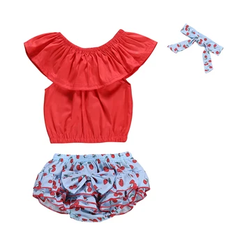 

Lovely Girl Set Toddler Kid Baby Girl Clothes Crop Top Off Red shirt +Cherry Print Shorts Pants+Headband Outfits Roupa Menina