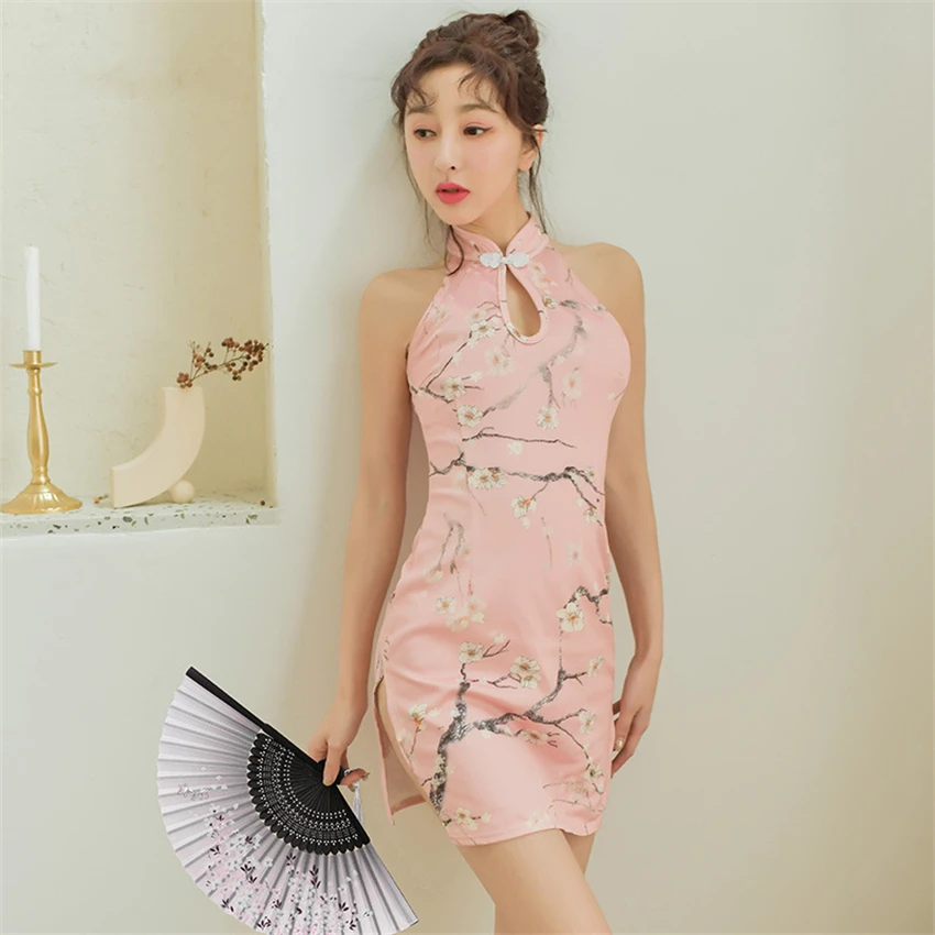 Sexy Woman Halter Cheongsam Chinese Style Erotic Lingerie Mini Qipao Babydoll Underwear Hollow Split Party Nightclub Dress