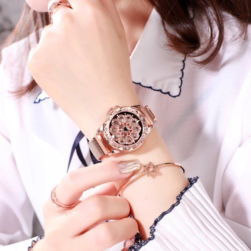 KINGNUOS New high-end fashion stainless steel mesh strap watch rotatable dial waterproof women's bracelet watch