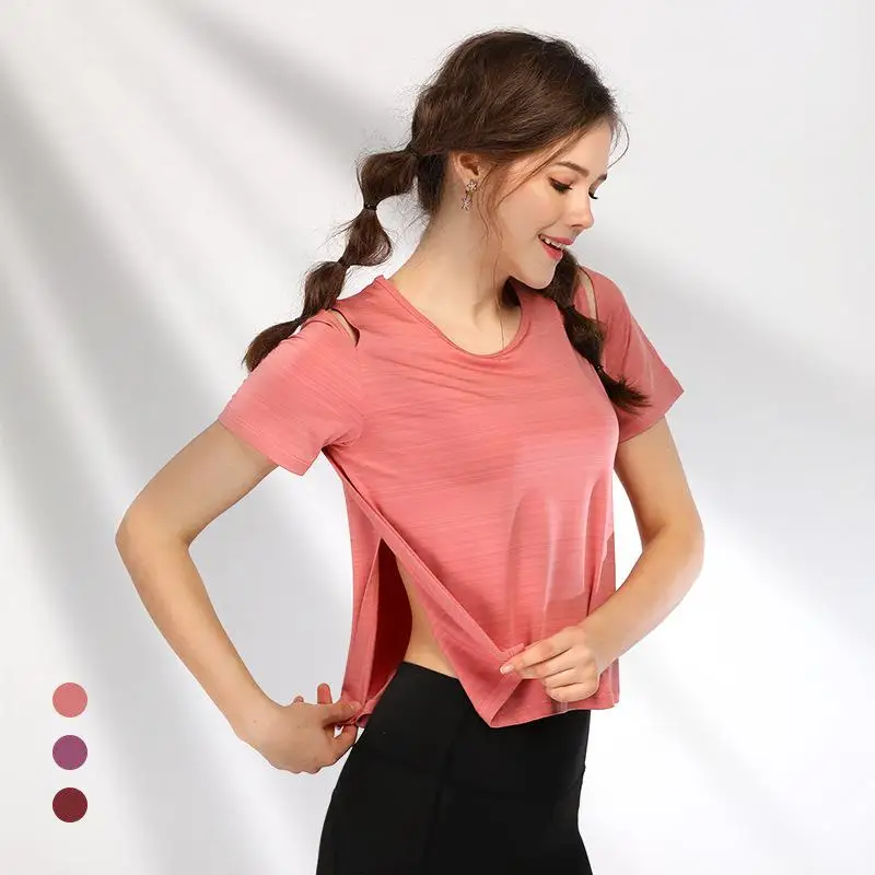 Свободные быстросохнущая Йога с коротким рукавом рубашки Для женщин спортивные блузки плеча Hollow Out Side» Футболка с прорезями дышащая Фитнес пикантная обувь - Цвет: Розовый