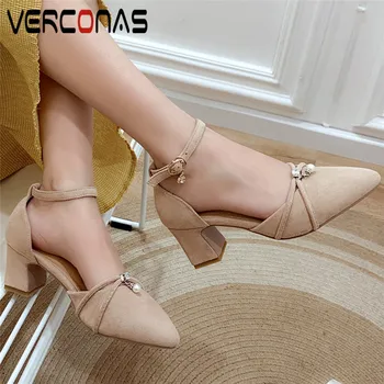 

VERCONAS Women Rhinestones Pearl Buckle Thick Heel Party Shoes Pointed Toe Thick Heels Sandals Summer Comfortable Shoes Woman