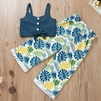 

2020 Summer Children Sets Casual Strap Single Breasted Blue Solid Tops Print Palm Pineapple Pants 2Pcs Girls Clothes Sets 1-5T