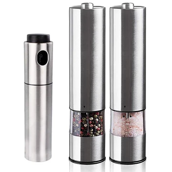 

2-Piece Electric Pepper Mill Stainless Steel Salt and Pepper Grinder with 1 Kitchen Spray Bottle Tool