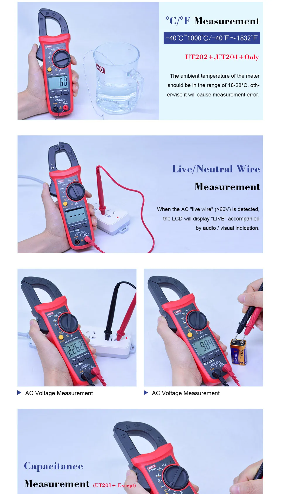 UNI-T True RMS Digital Clamp meter UT201+/UT202+/UT203+/UT204+ 400-600A Auto range multimeter NCV false detection protection