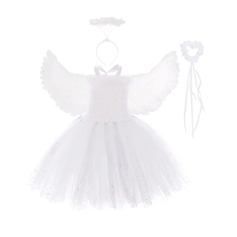 Белое блестящее платье-пачка с перьями Ангела на день рождения для девочек детский Рождественский карнавальный костюм ангела с крыльями и волшебными палочками
