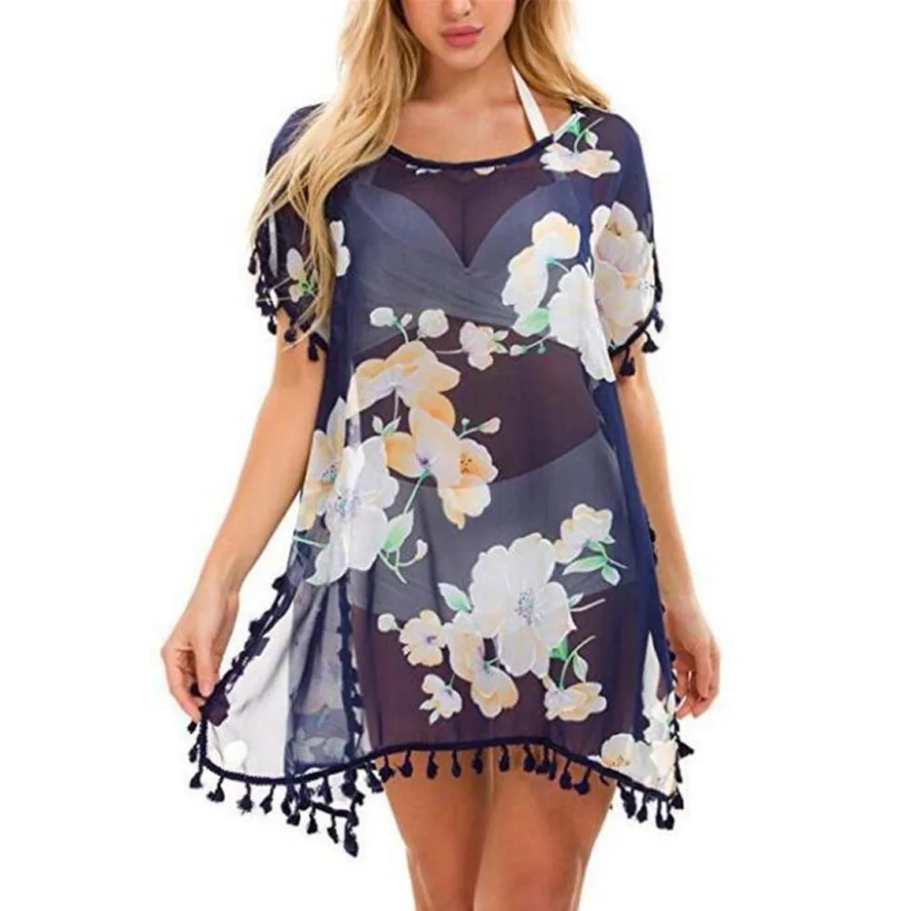 Новые летние модные женские туфли из сетчатого материала Bikini Cover Up Универсальный купальник платье кружевное, шифоновое, Пляжное одежда - Цвет: Синий