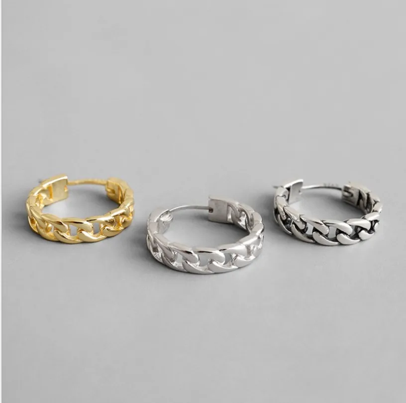 Vintage Real 925 Sterling Silver Earrings Woman Link Chain Shaped Punk Antique Silver Hoop Earring Female Decoration EF236